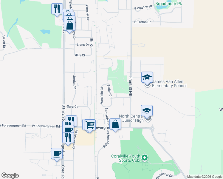 map of restaurants, bars, coffee shops, grocery stores, and more near 1532 Sadler Drive in North Liberty