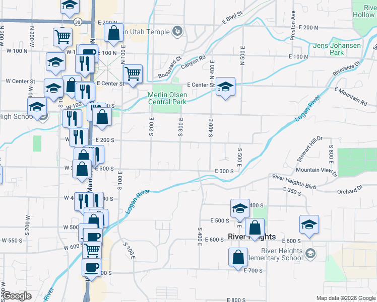 map of restaurants, bars, coffee shops, grocery stores, and more near 326 East 200 South in Logan