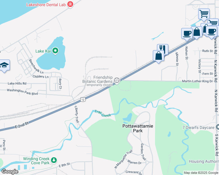 map of restaurants, bars, coffee shops, grocery stores, and more near 2055 U.S. 12 in Michigan City