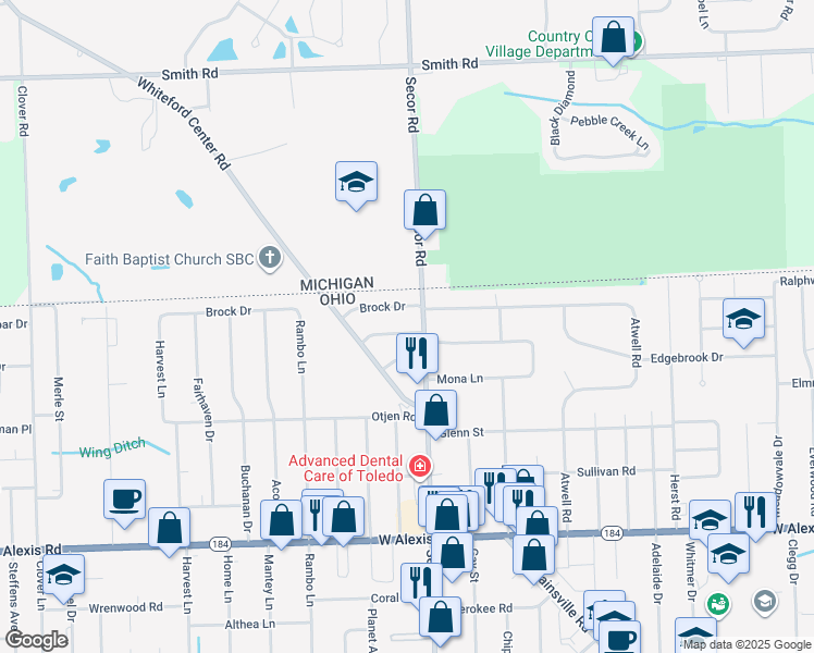 map of restaurants, bars, coffee shops, grocery stores, and more near 3314 Thelma Drive in Toledo