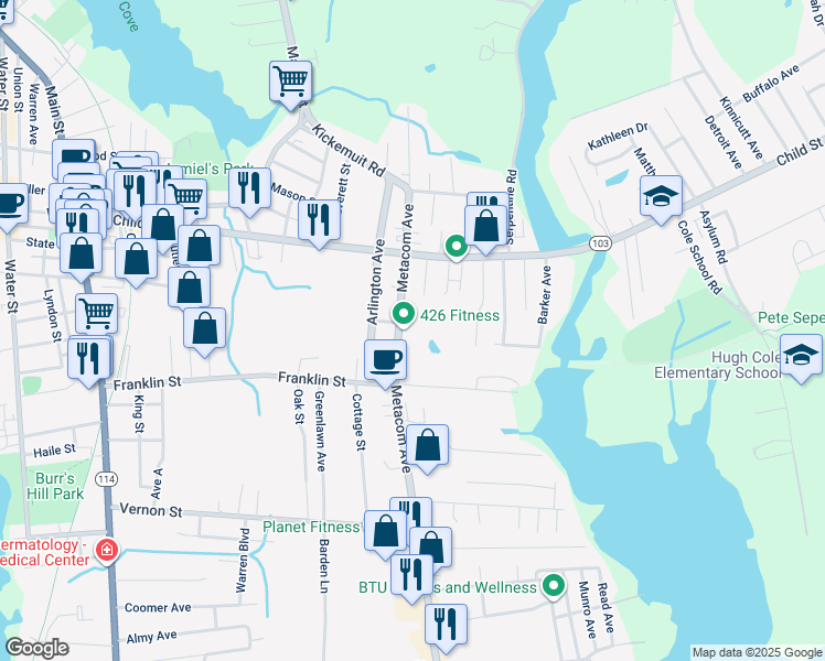 map of restaurants, bars, coffee shops, grocery stores, and more near 426 Metacom Avenue in Warren