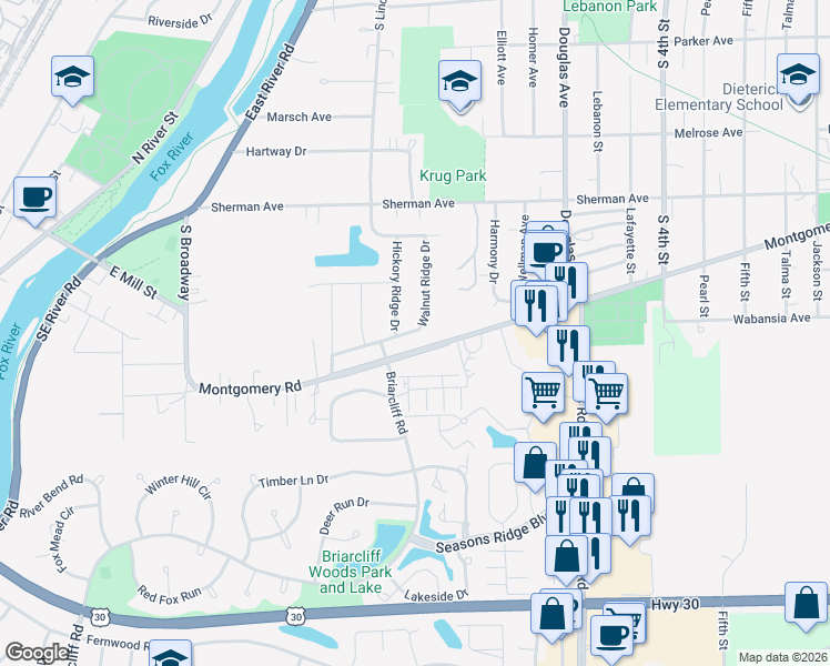 map of restaurants, bars, coffee shops, grocery stores, and more near 226 Walnut Ridge Drive in Montgomery