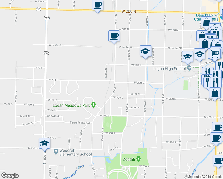 map of restaurants, bars, coffee shops, grocery stores, and more near 255 South 600 West in Logan