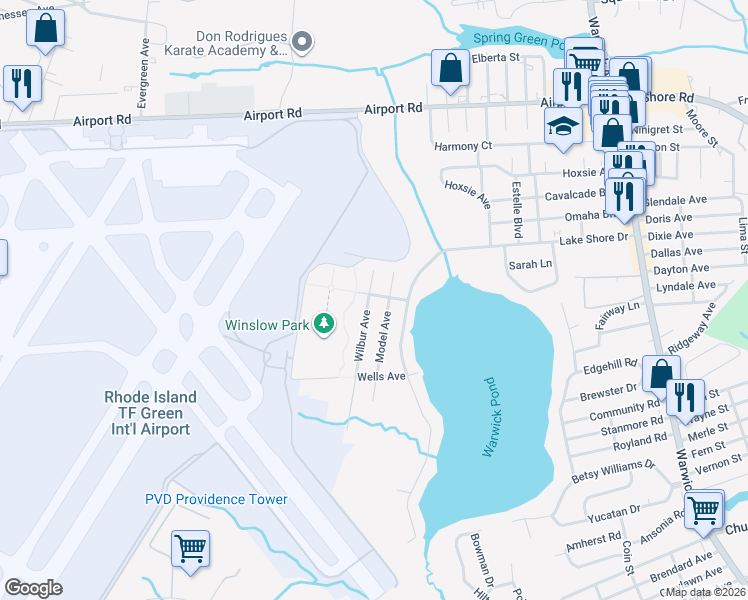 map of restaurants, bars, coffee shops, grocery stores, and more near 47 Wilbur Avenue in Warwick