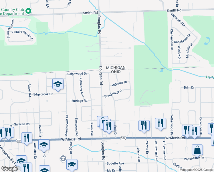 map of restaurants, bars, coffee shops, grocery stores, and more near 2378 Valeway Drive in Toledo