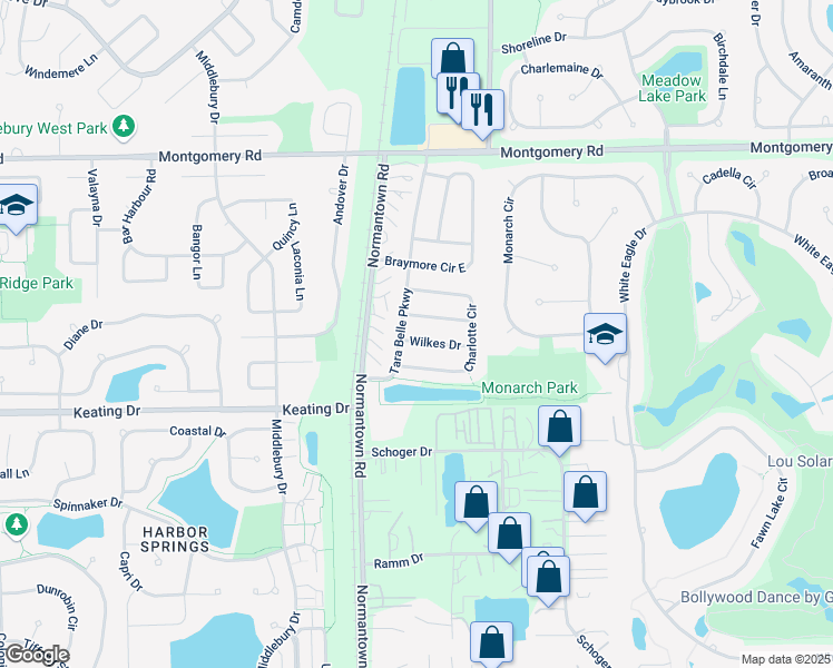map of restaurants, bars, coffee shops, grocery stores, and more near 3378 Wilkes Drive in Naperville