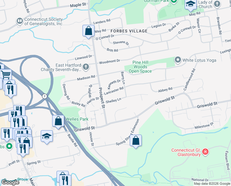 map of restaurants, bars, coffee shops, grocery stores, and more near 42 Lancaster Road in Glastonbury