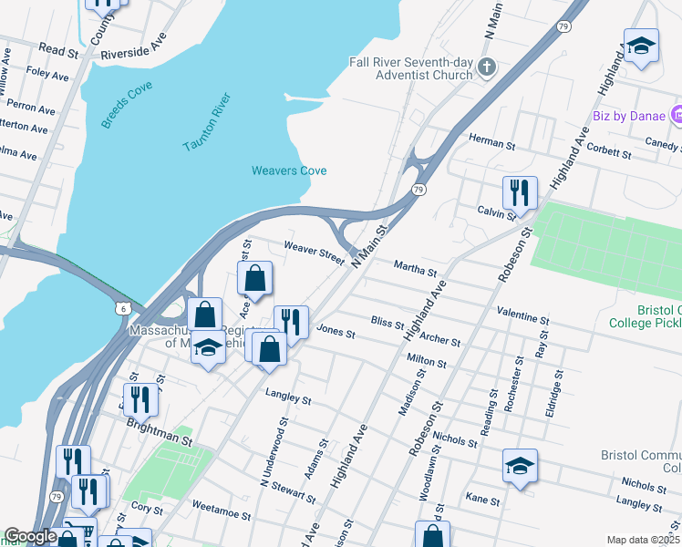 map of restaurants, bars, coffee shops, grocery stores, and more near 2074 North Main Street in Fall River