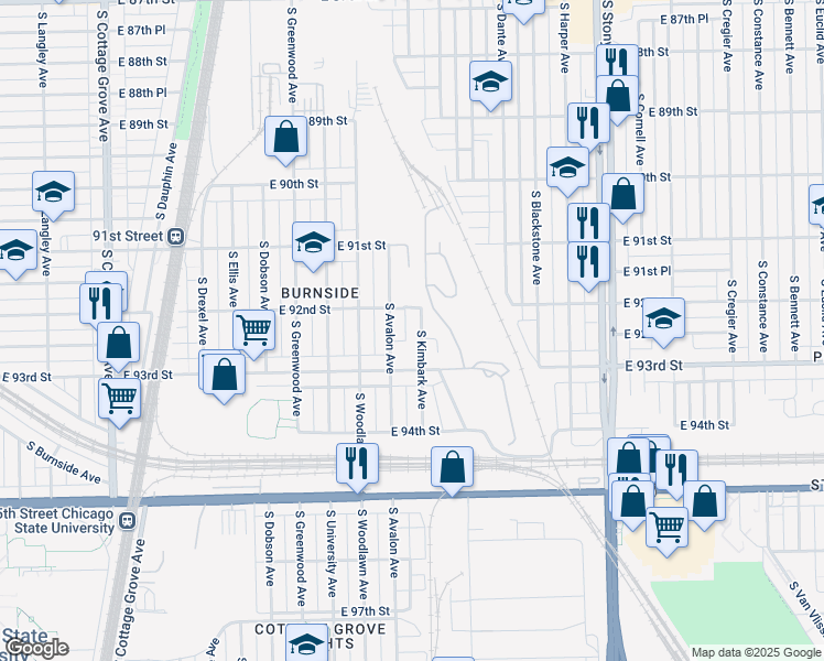 map of restaurants, bars, coffee shops, grocery stores, and more near 9216 South Kimbark Avenue in Chicago