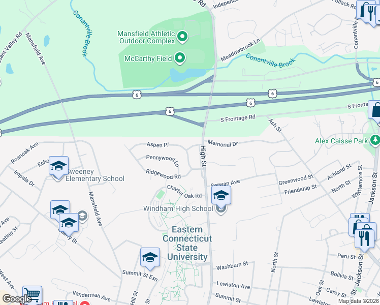 map of restaurants, bars, coffee shops, grocery stores, and more near 53 Lynwood Drive in Windham