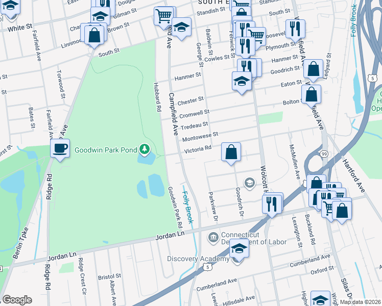 map of restaurants, bars, coffee shops, grocery stores, and more near 263 Victoria Road in Hartford