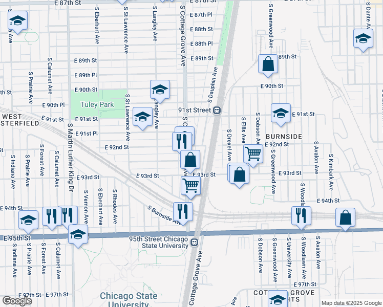 map of restaurants, bars, coffee shops, grocery stores, and more near 9215 South Cottage Grove Avenue in Chicago