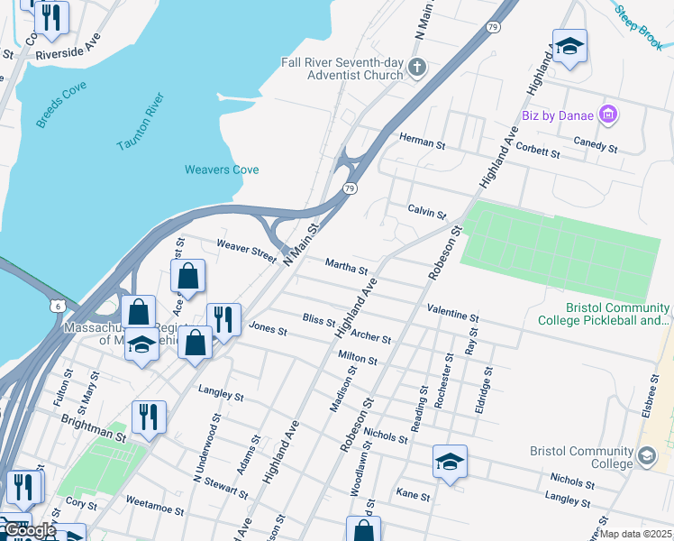 map of restaurants, bars, coffee shops, grocery stores, and more near 117 Martha Street in Fall River