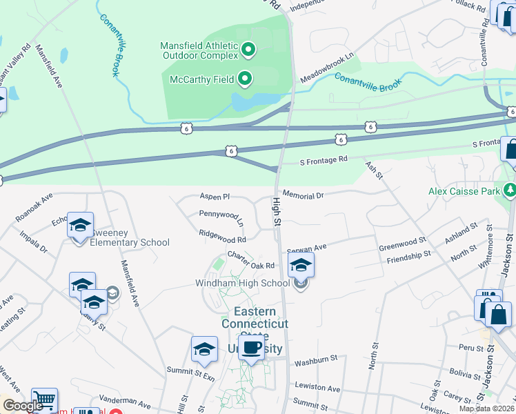 map of restaurants, bars, coffee shops, grocery stores, and more near 53 Lynwood Drive in Windham