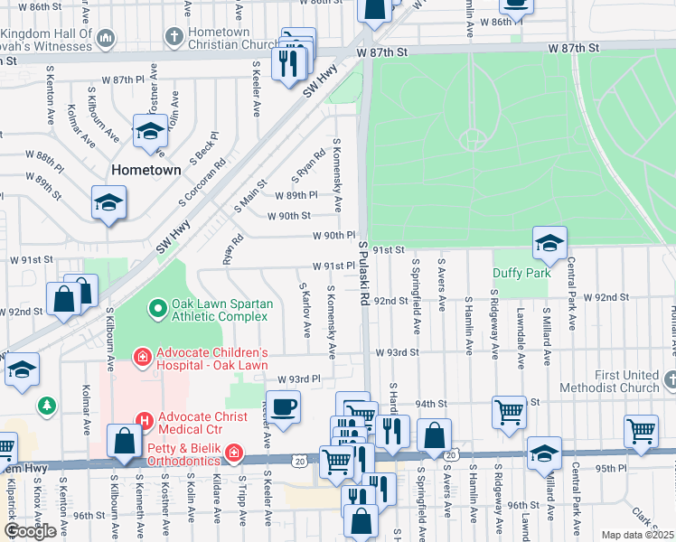 map of restaurants, bars, coffee shops, grocery stores, and more near 9115 South Komensky Avenue in Oak Lawn