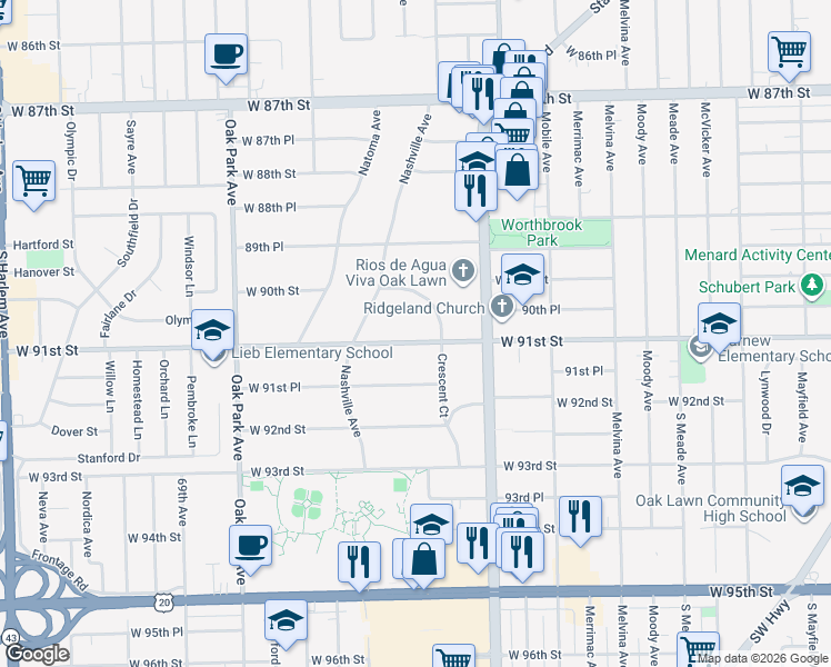 map of restaurants, bars, coffee shops, grocery stores, and more near 6524 West 91st Street in Oak Lawn