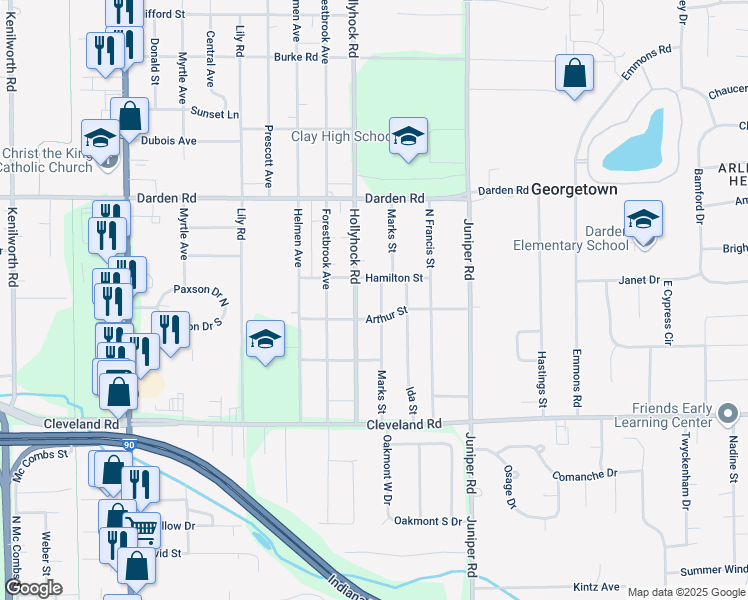 map of restaurants, bars, coffee shops, grocery stores, and more near 52741 Marks Street in South Bend