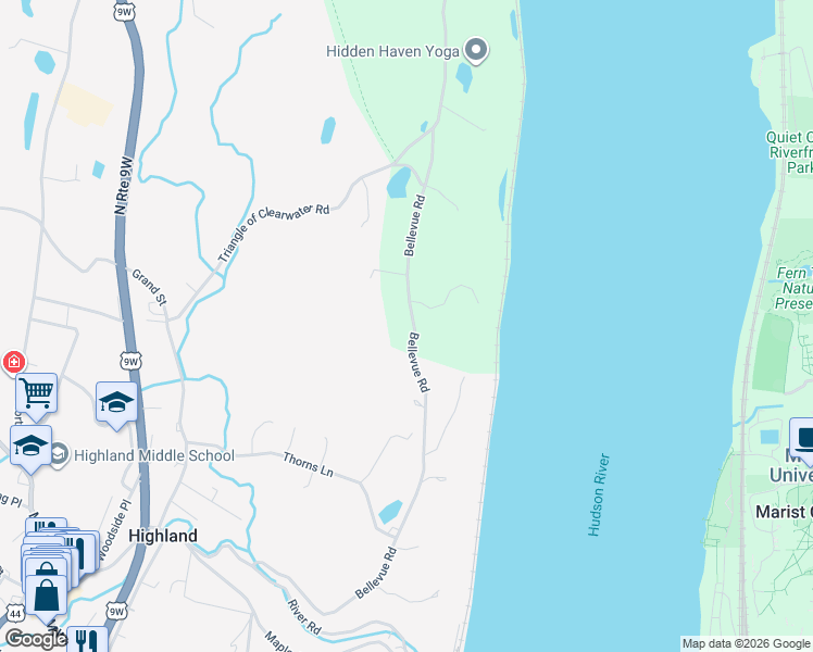 map of restaurants, bars, coffee shops, grocery stores, and more near 61 Bellevue Road in Highland