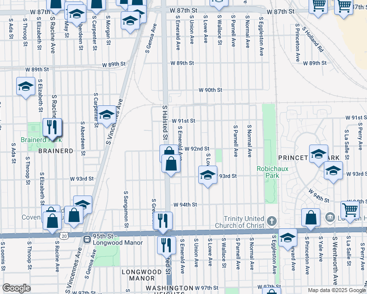 map of restaurants, bars, coffee shops, grocery stores, and more near 9157 South Emerald Avenue in Chicago