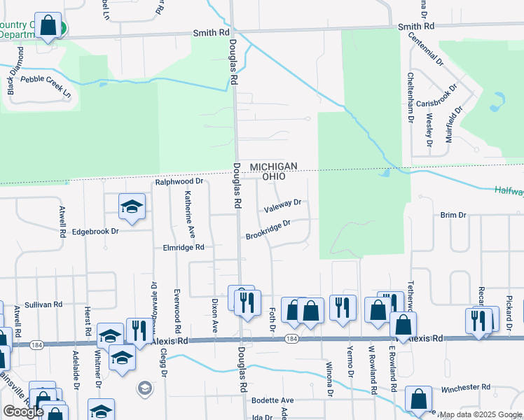 map of restaurants, bars, coffee shops, grocery stores, and more near 2378 Valeway Drive in Toledo