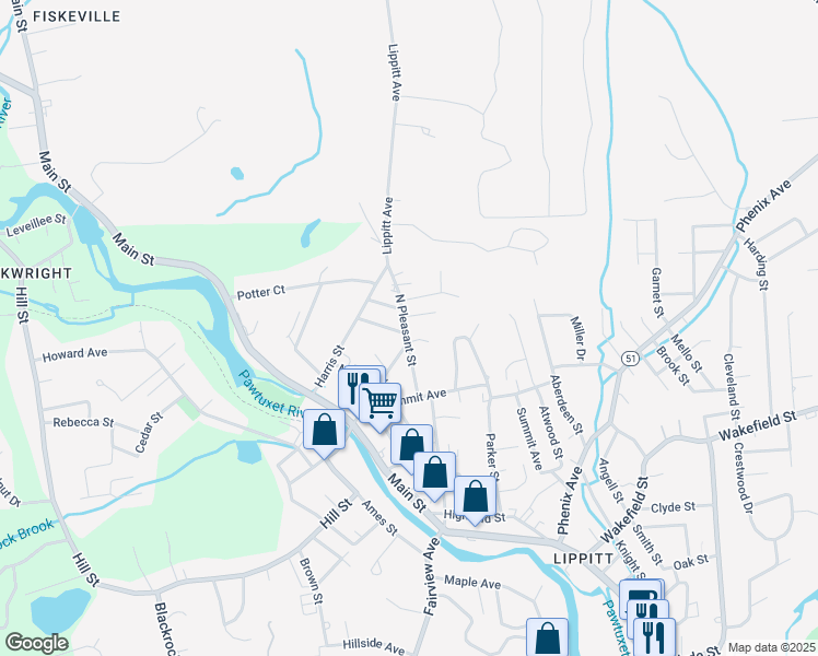 map of restaurants, bars, coffee shops, grocery stores, and more near 27 North Pleasant Street in West Warwick