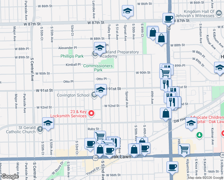 map of restaurants, bars, coffee shops, grocery stores, and more near 9104 South 51st Avenue in Oak Lawn