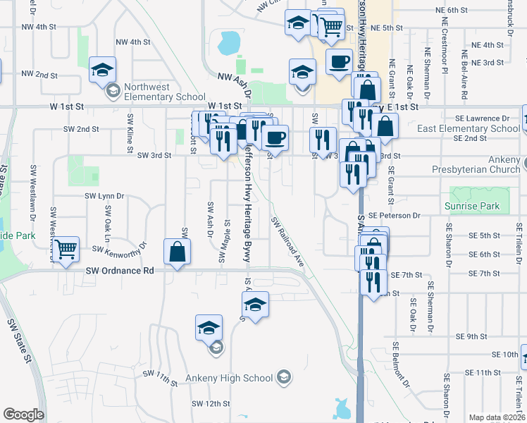 map of restaurants, bars, coffee shops, grocery stores, and more near 510 Southwest Walnut Street in Ankeny