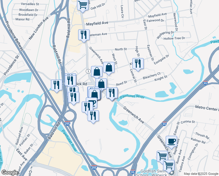 map of restaurants, bars, coffee shops, grocery stores, and more near 196 Greenwich Avenue in Warwick