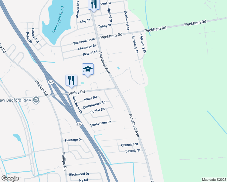 map of restaurants, bars, coffee shops, grocery stores, and more near 4011 Acushnet Avenue in New Bedford
