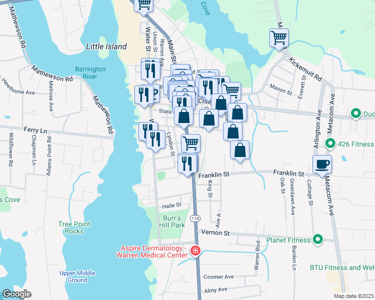 map of restaurants, bars, coffee shops, grocery stores, and more near 600 Main Street in Warren