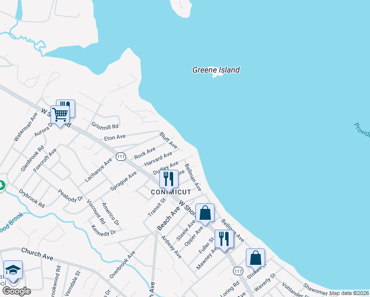 map of restaurants, bars, coffee shops, grocery stores, and more near 86 Bluff Avenue in Warwick