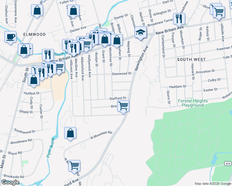 map of restaurants, bars, coffee shops, grocery stores, and more near 33 Sprague Street in Hartford