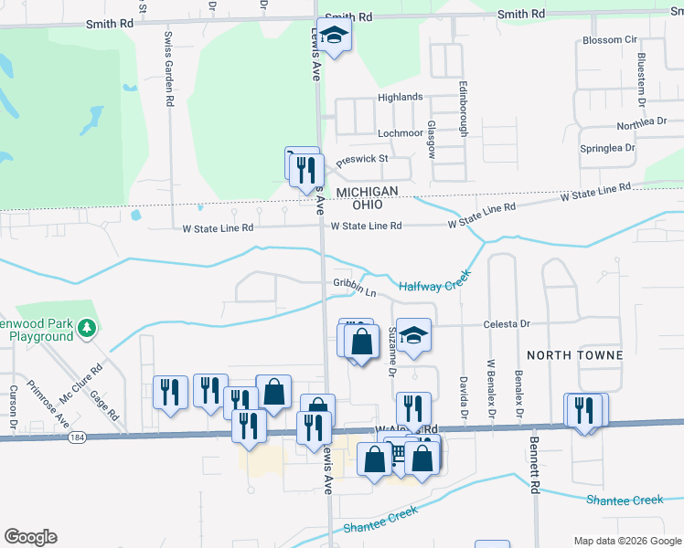 map of restaurants, bars, coffee shops, grocery stores, and more near 953 Gribbin Lane in Toledo