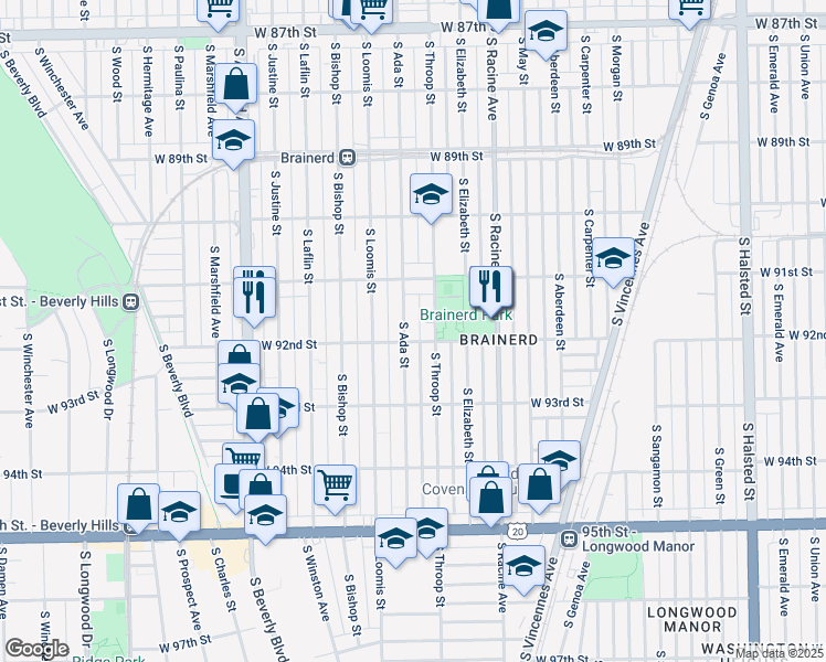 map of restaurants, bars, coffee shops, grocery stores, and more near 9152 South Ada Street in Chicago