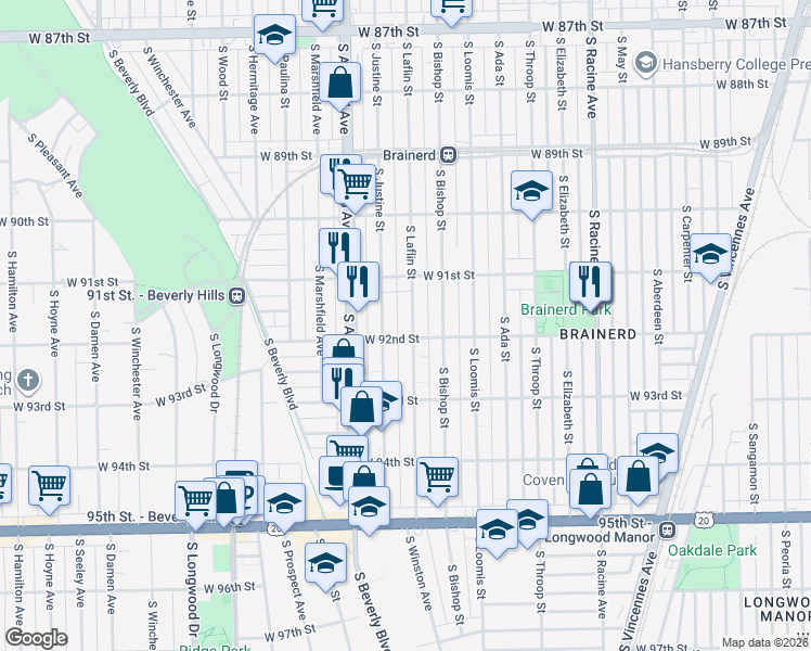 map of restaurants, bars, coffee shops, grocery stores, and more near 9153 South Laflin Street in Chicago