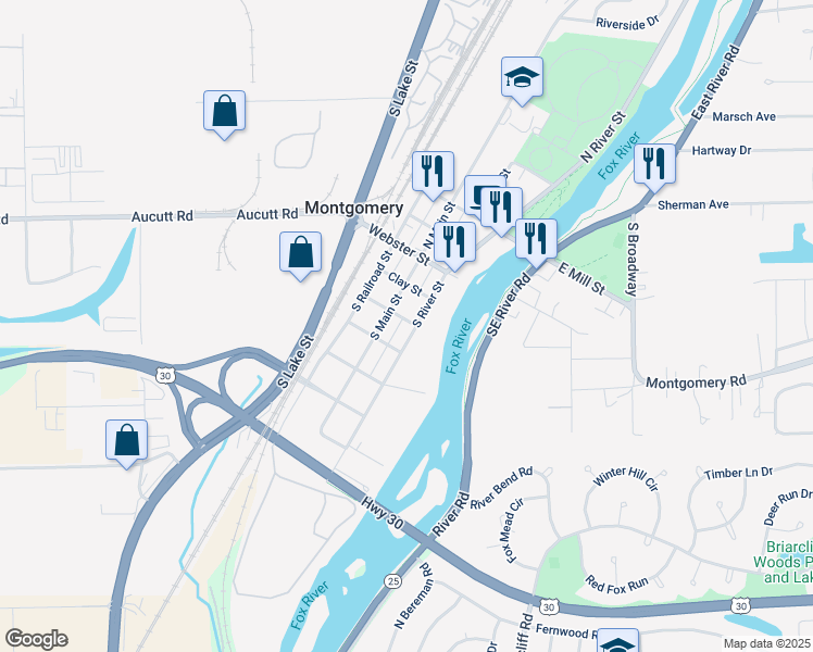 map of restaurants, bars, coffee shops, grocery stores, and more near 322 South River Street in Montgomery