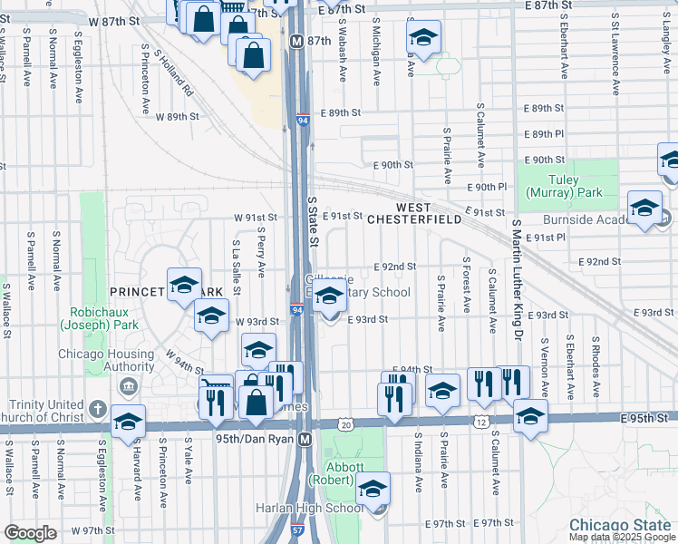 map of restaurants, bars, coffee shops, grocery stores, and more near 9200 South Wabash Avenue in Chicago