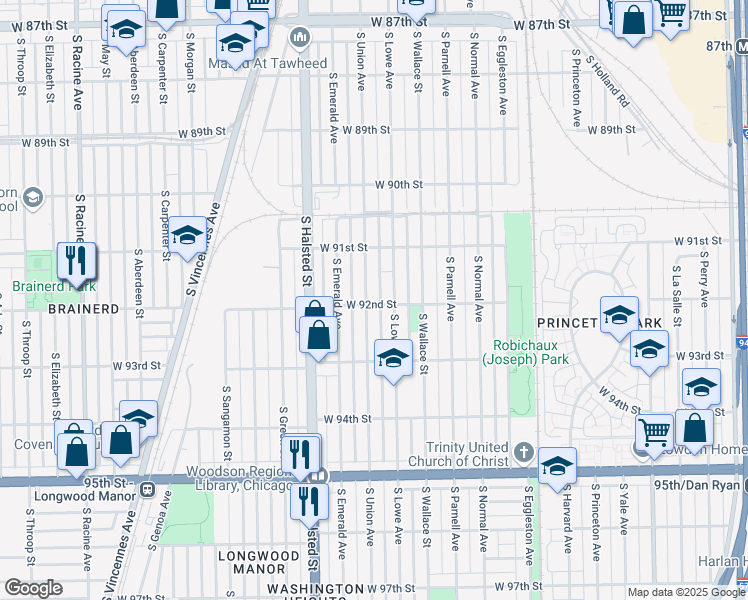 map of restaurants, bars, coffee shops, grocery stores, and more near 9157 South Union Avenue in Chicago