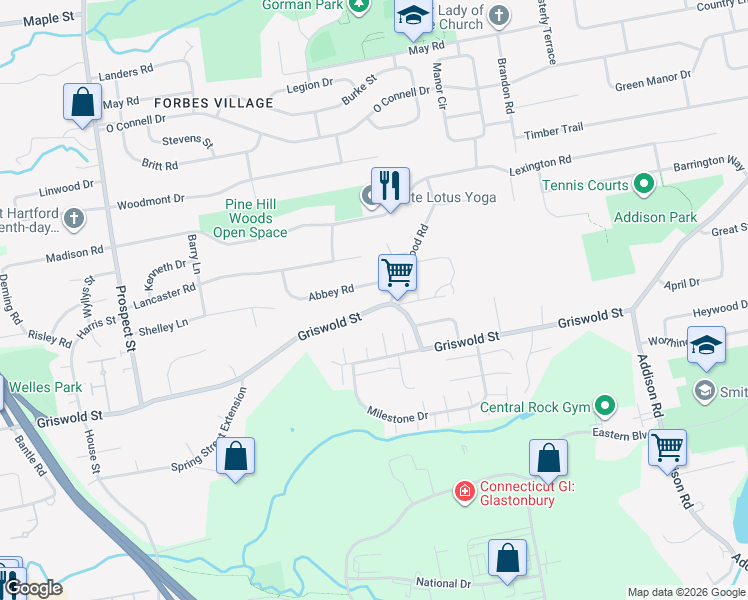 map of restaurants, bars, coffee shops, grocery stores, and more near 511 Griswold Street in Glastonbury