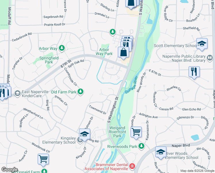 map of restaurants, bars, coffee shops, grocery stores, and more near 95 Midhurst Court in Naperville