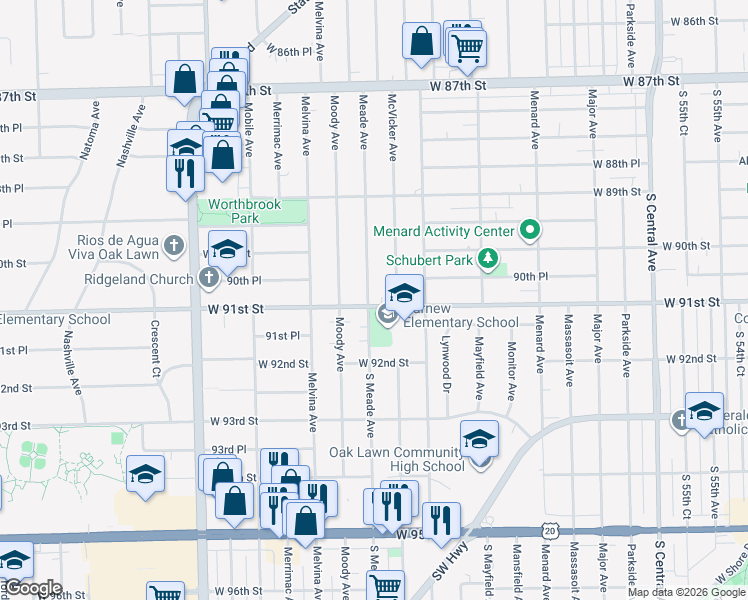 map of restaurants, bars, coffee shops, grocery stores, and more near 6036 West 91st Street in Oak Lawn