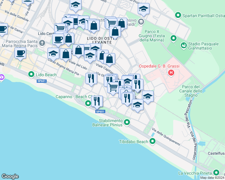 map of restaurants, bars, coffee shops, grocery stores, and more near 42 Via Desiderato Pietri in Lido di Ostia