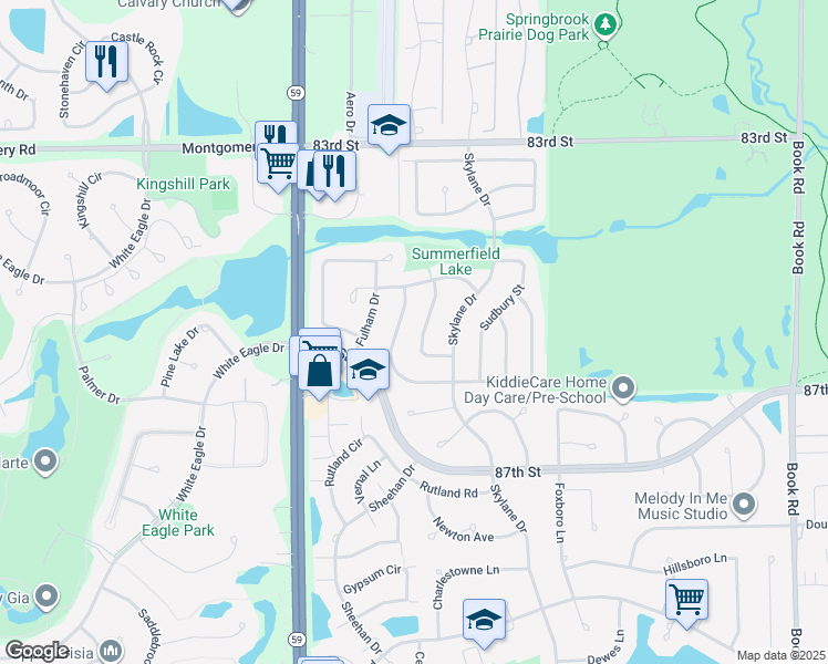 map of restaurants, bars, coffee shops, grocery stores, and more near 2135 Horncastle Lane in Naperville