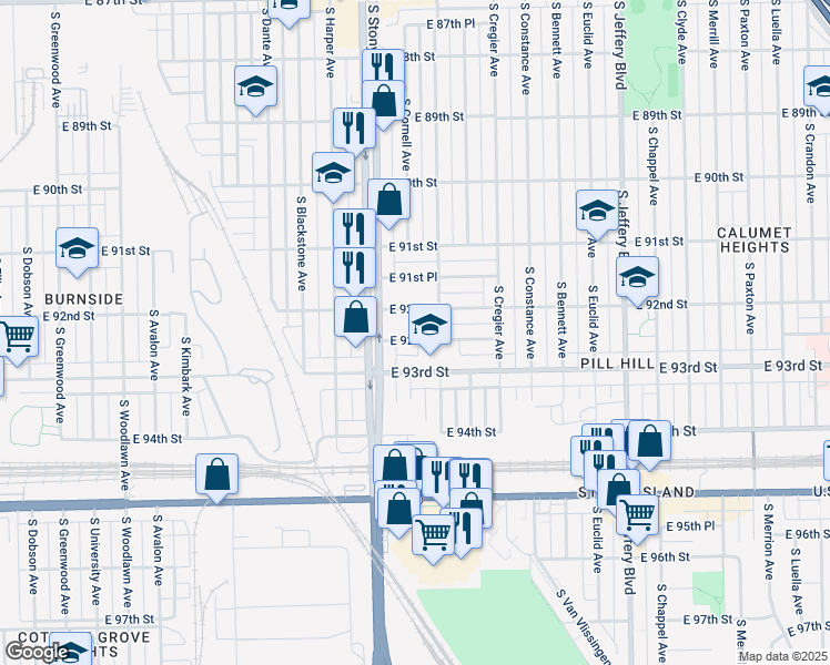 map of restaurants, bars, coffee shops, grocery stores, and more near 1634 East 92nd Place in Chicago
