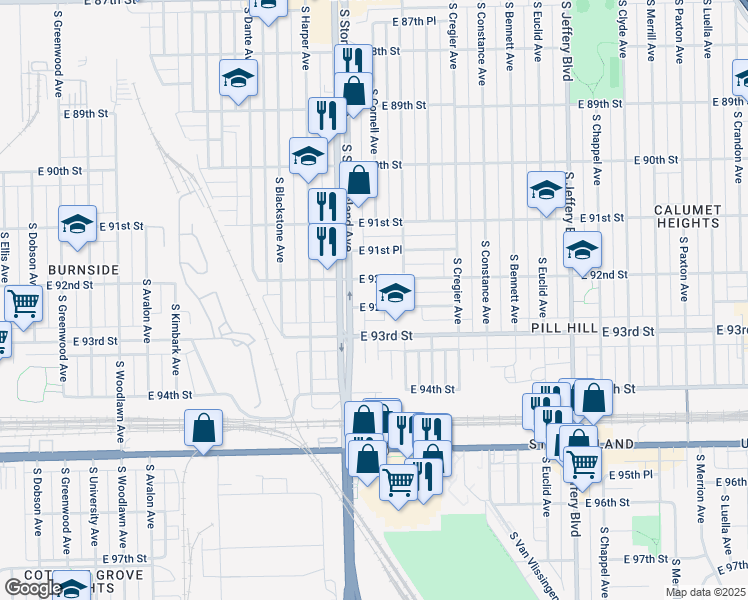 map of restaurants, bars, coffee shops, grocery stores, and more near 1626 East 92nd Place in Chicago