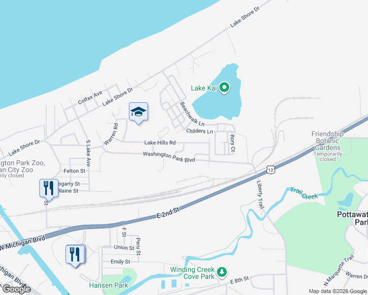 map of restaurants, bars, coffee shops, grocery stores, and more near 299 Carter Road in Michigan City
