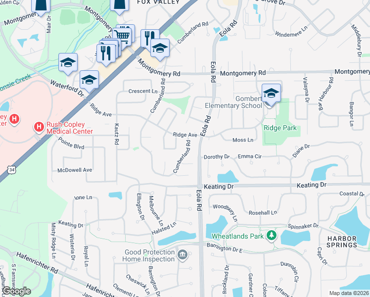 map of restaurants, bars, coffee shops, grocery stores, and more near 1739 Cumberland Road in Aurora