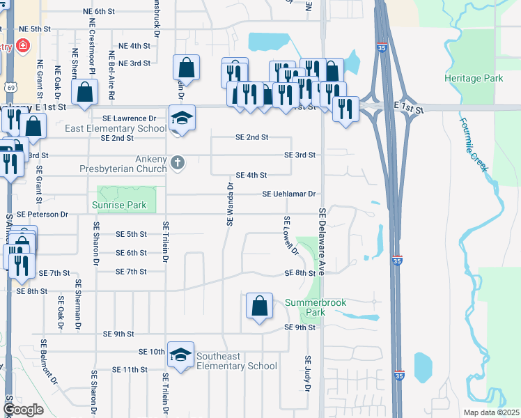 map of restaurants, bars, coffee shops, grocery stores, and more near 906 Southeast Peterson Drive in Ankeny