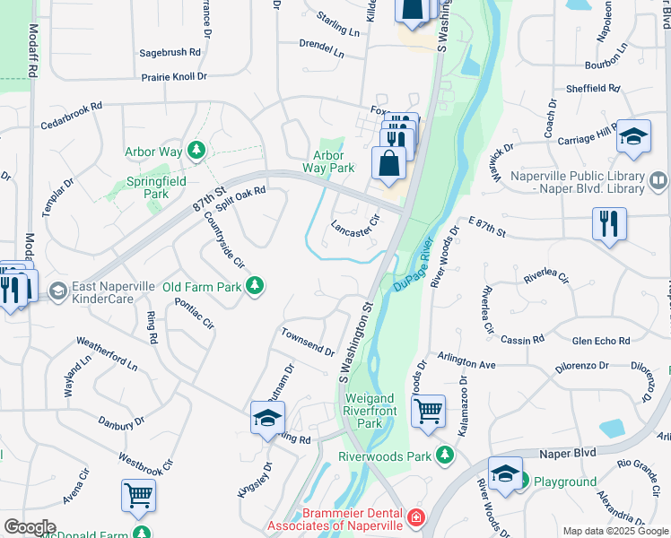 map of restaurants, bars, coffee shops, grocery stores, and more near 95 Midhurst Court in Naperville