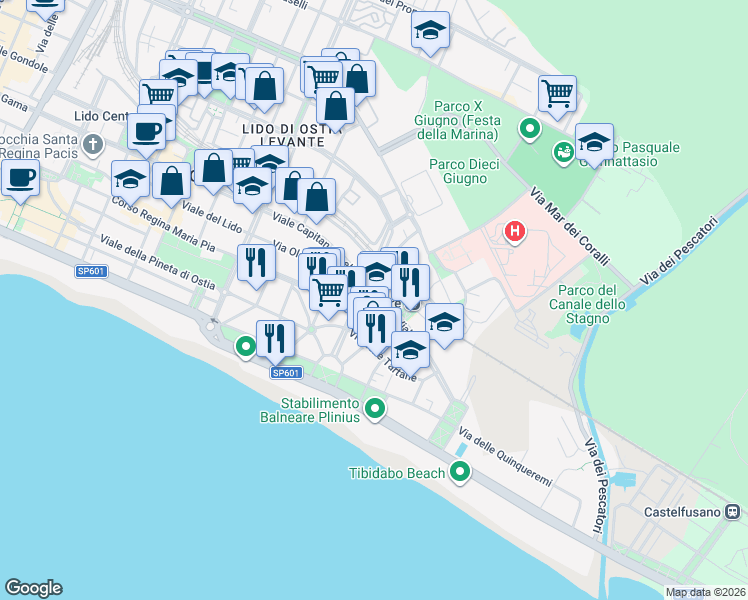 map of restaurants, bars, coffee shops, grocery stores, and more near 16 Viale Vega in Lido di Ostia